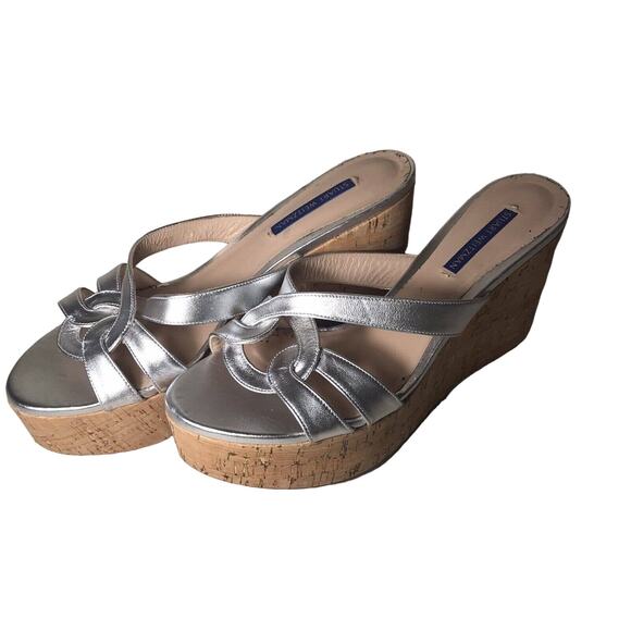 Stuart Weitzman Cadence cork 4 in Wedge Sandal EU 39.5 US 9 metallic silver - Picture 2 of 10